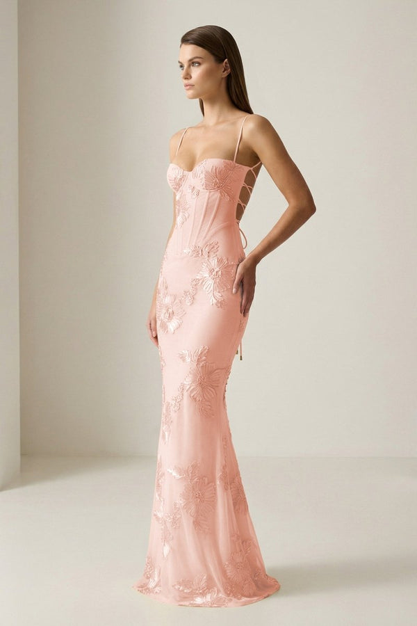 Yellow Spaghetti Straps Sheath Long Prom Dresses With Floral Embroidery – Prom Dress by KissProm | Available at KissProm