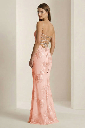 Yellow Spaghetti Straps Sheath Long Prom Dresses With Floral Embroidery – Prom Dress by KissProm | Available at KissProm
