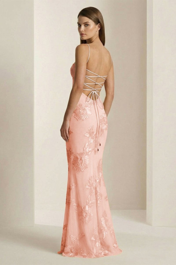 Yellow Spaghetti Straps Sheath Long Prom Dresses With Floral Embroidery – Prom Dress by KissProm | Available at KissProm