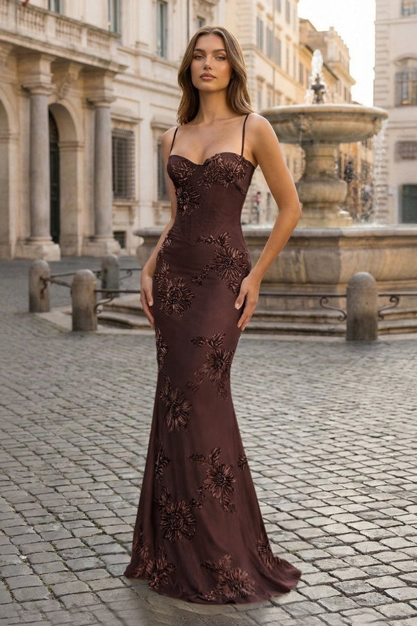 Yellow Spaghetti Straps Sheath Long Prom Dresses With Floral Embroidery – Prom Dress by KissProm | Available at KissProm