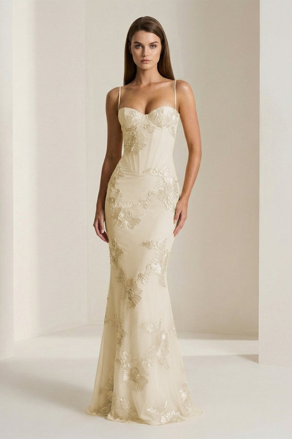 Yellow Spaghetti Straps Sheath Long Prom Dresses With Floral Embroidery – Prom Dress by KissProm | Available at KissProm