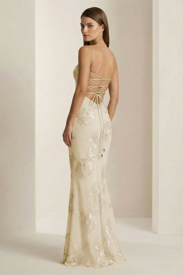 Yellow Spaghetti Straps Sheath Long Prom Dresses With Floral Embroidery – Prom Dress by KissProm | Available at KissProm