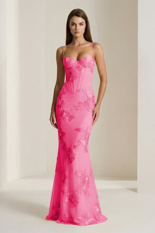 Yellow Spaghetti Straps Sheath Long Prom Dresses With Floral Embroidery – Prom Dress by KissProm | Available at KissProm