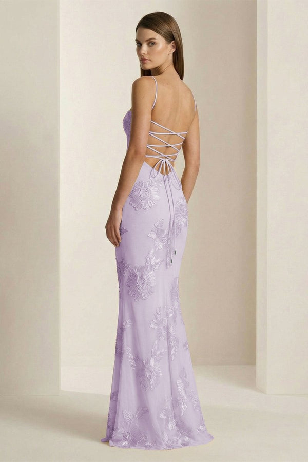 Yellow Spaghetti Straps Sheath Long Prom Dresses With Floral Embroidery – Prom Dress by KissProm | Available at KissProm