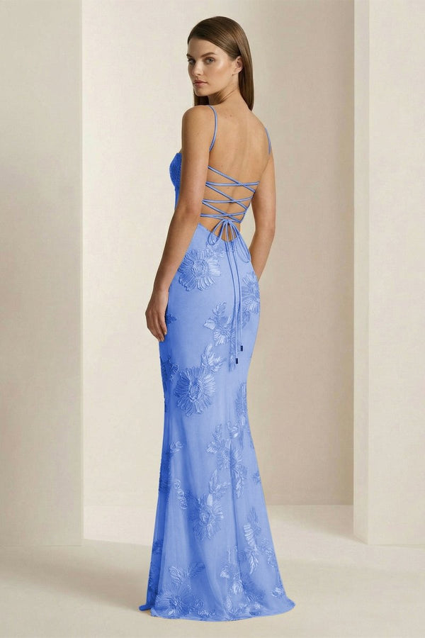 Yellow Spaghetti Straps Sheath Long Prom Dresses With Floral Embroidery – Prom Dress by KissProm | Available at KissProm