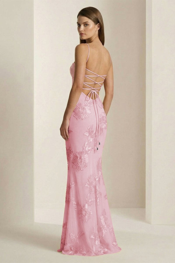 Yellow Spaghetti Straps Sheath Long Prom Dresses With Floral Embroidery – Prom Dress by KissProm | Available at KissProm