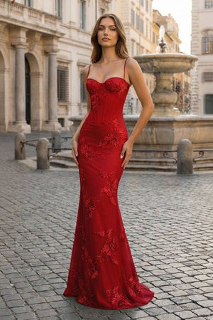 Yellow Spaghetti Straps Sheath Long Prom Dresses With Floral Embroidery – Prom Dress by KissProm | Available at KissProm