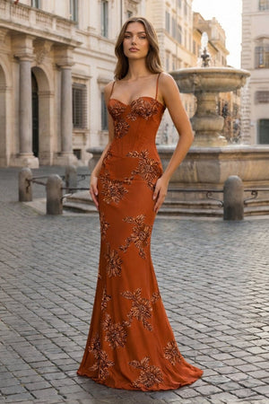 Yellow Spaghetti Straps Sheath Long Prom Dresses With Floral Embroidery – Prom Dress by KissProm | Available at KissProm