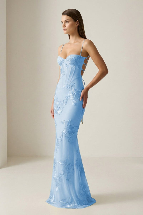 Yellow Spaghetti Straps Sheath Long Prom Dresses With Floral Embroidery – Prom Dress by KissProm | Available at KissProm