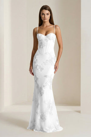 Yellow Spaghetti Straps Sheath Long Prom Dresses With Floral Embroidery – Prom Dress by KissProm | Available at KissProm
