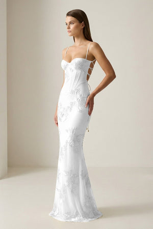 Yellow Spaghetti Straps Sheath Long Prom Dresses With Floral Embroidery – Prom Dress by KissProm | Available at KissProm