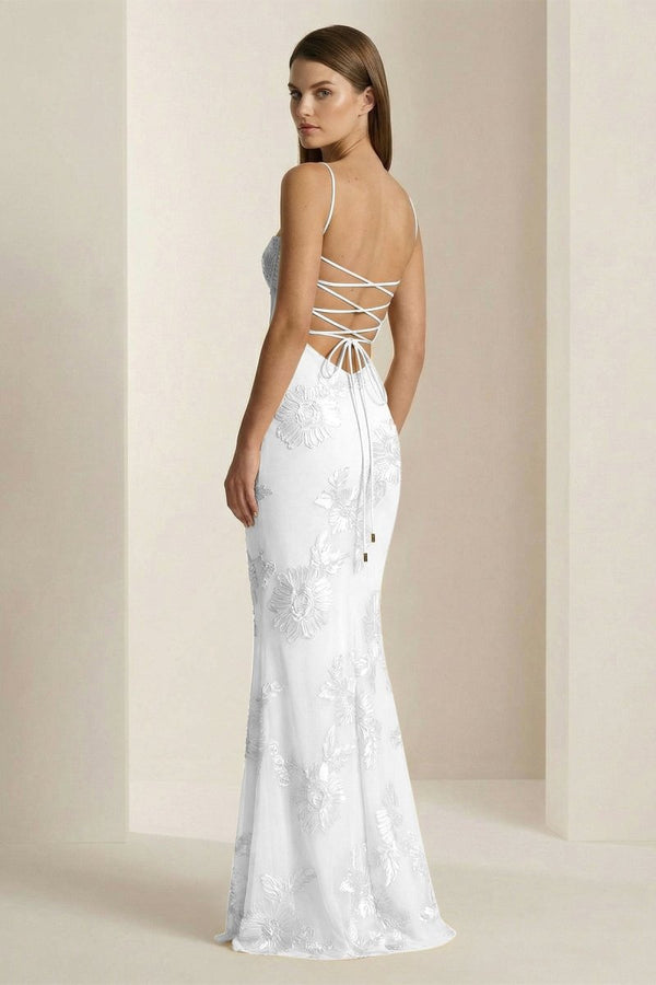 Yellow Spaghetti Straps Sheath Long Prom Dresses With Floral Embroidery – Prom Dress by KissProm | Available at KissProm