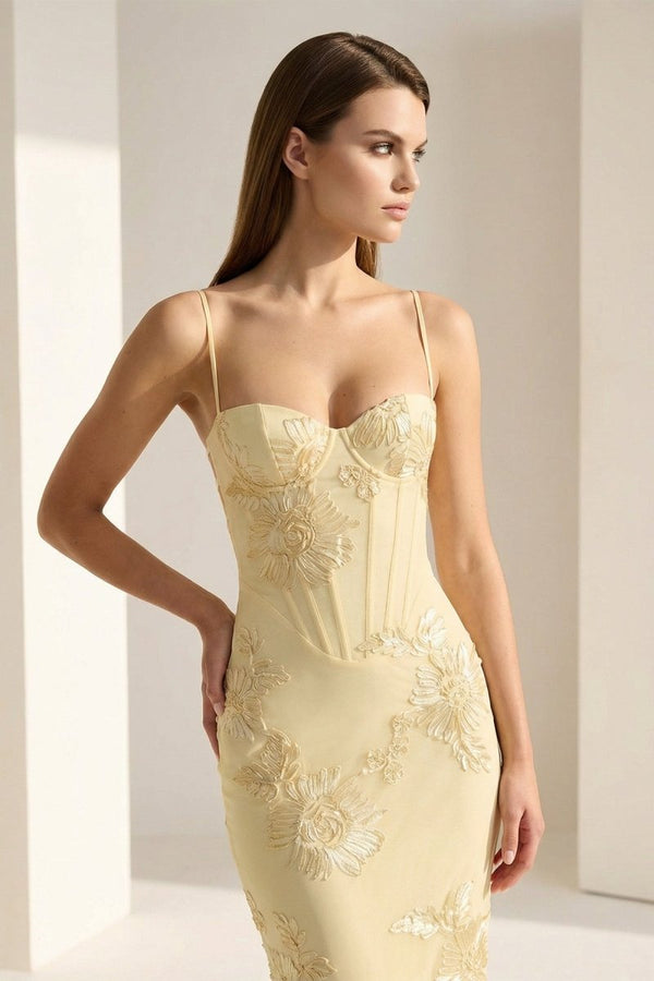 Yellow Spaghetti Straps Sheath Long Prom Dresses With Floral Embroidery – Prom Dress by KissProm | Available at KissProm