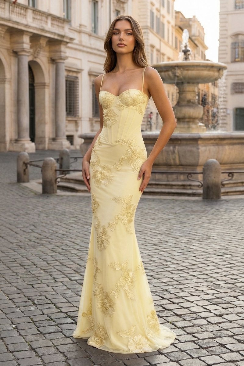 Yellow Spaghetti Straps Sheath Long Prom Dresses With Floral Embroidery – Prom Dress by KissProm | Available at KissProm