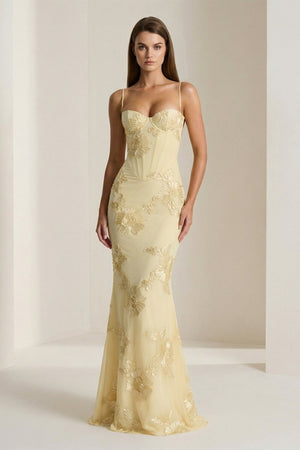 Yellow Spaghetti Straps Sheath Long Prom Dresses With Floral Embroidery – Prom Dress by KissProm | Available at KissProm