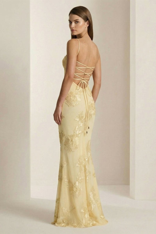 Yellow Spaghetti Straps Sheath Long Prom Dresses With Floral Embroidery – Prom Dress by KissProm | Available at KissProm