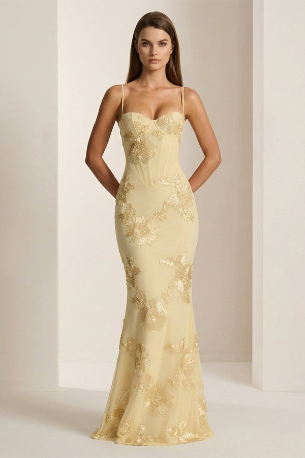 Yellow Spaghetti Straps Sheath Long Prom Dresses With Floral Embroidery – Prom Dress by KissProm | Available at KissProm