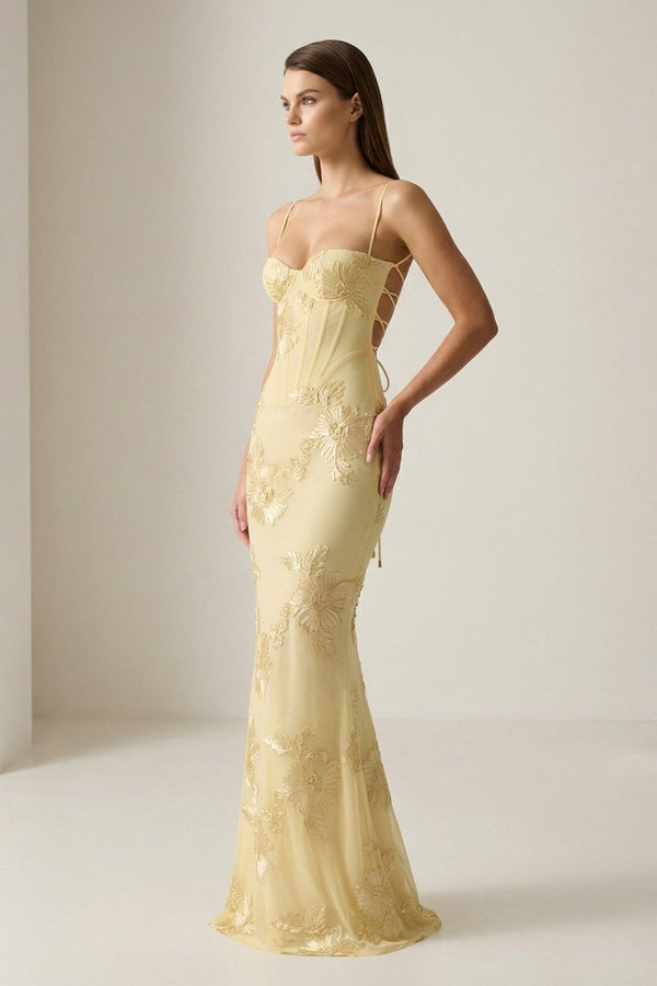 Yellow Spaghetti Straps Sheath Long Prom Dresses With Floral Embroidery – Prom Dress by KissProm | Available at KissProm