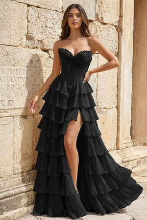 Strapless A-Line Ruffle Long Prom Dress With Split – Prom Dresses by KissProm | Available at KissProm