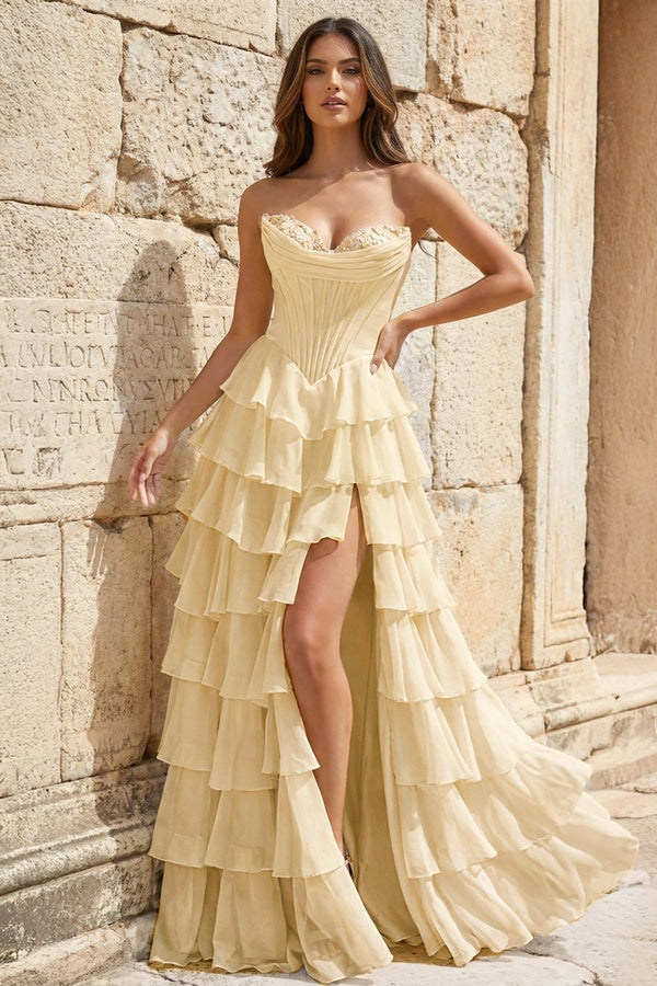 Strapless A-Line Ruffle Long Prom Dress With Split – Prom Dresses by KissProm | Available at KissProm