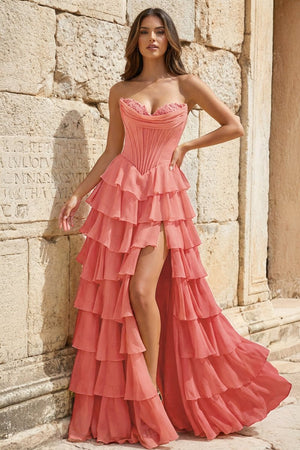 Strapless A-Line Ruffle Long Prom Dress With Split – Prom Dresses by KissProm | Available at KissProm
