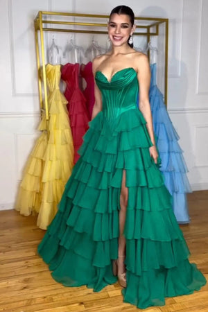 Strapless A-Line Ruffle Long Prom Dress With Split – Prom Dresses by KissProm | Available at KissProm
