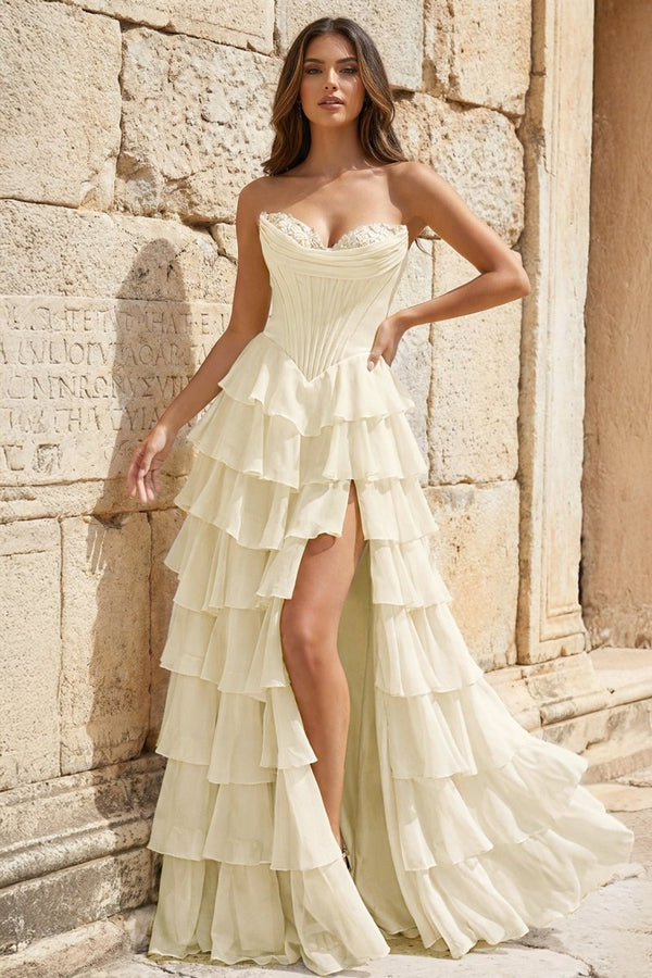 Strapless A-Line Ruffle Long Prom Dress With Split – Prom Dresses by KissProm | Available at KissProm