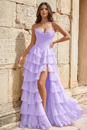 Strapless A-Line Ruffle Long Prom Dress With Split – Prom Dresses by KissProm | Available at KissProm