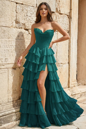 Strapless A-Line Ruffle Long Prom Dress With Split – Prom Dresses by KissProm | Available at KissProm