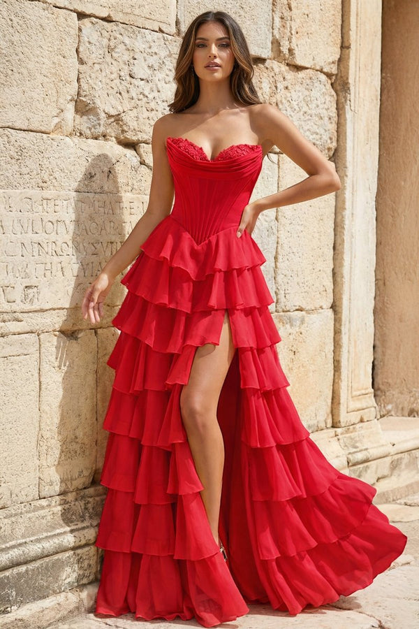 Strapless A-Line Ruffle Long Prom Dress With Split – Prom Dresses by KissProm | Available at KissProm