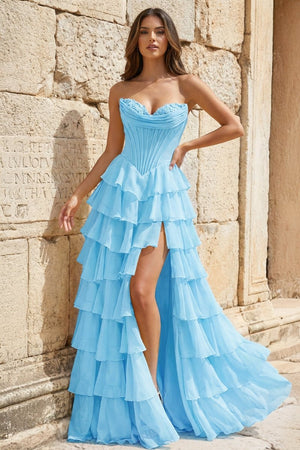 Strapless A-Line Ruffle Long Prom Dress With Split – Prom Dresses by KissProm | Available at KissProm