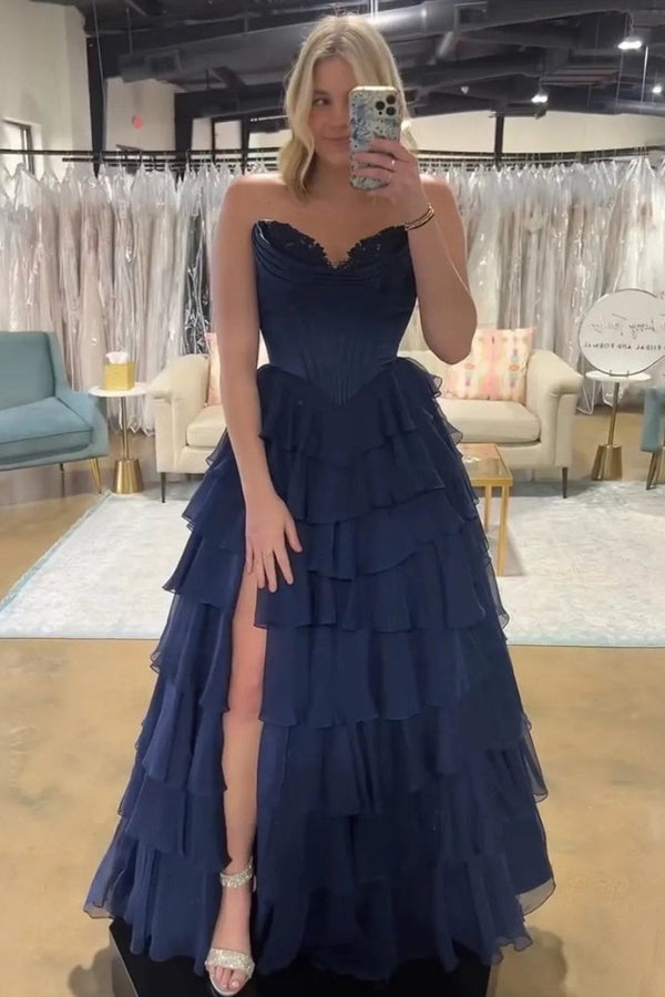 Strapless A-Line Ruffle Long Prom Dress With Split – Prom Dresses by KissProm | Available at KissProm