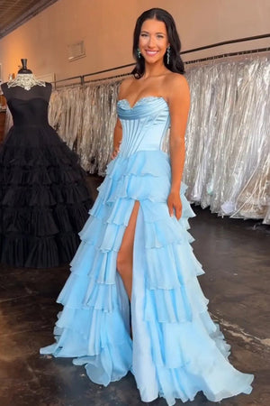Strapless A-Line Ruffle Long Prom Dress With Split – Prom Dresses by KissProm | Available at KissProm
