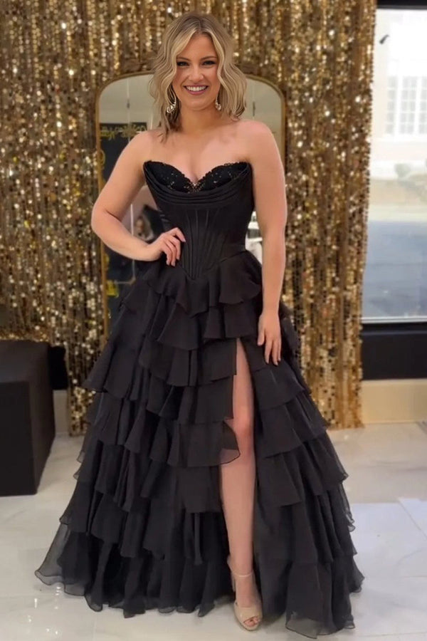 Strapless A-Line Ruffle Long Prom Dress With Split – Prom Dresses by KissProm | Available at KissProm