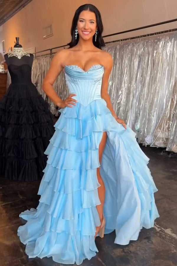 Strapless A-Line Ruffle Long Prom Dress With Split – Prom Dresses by KissProm | Available at KissProm