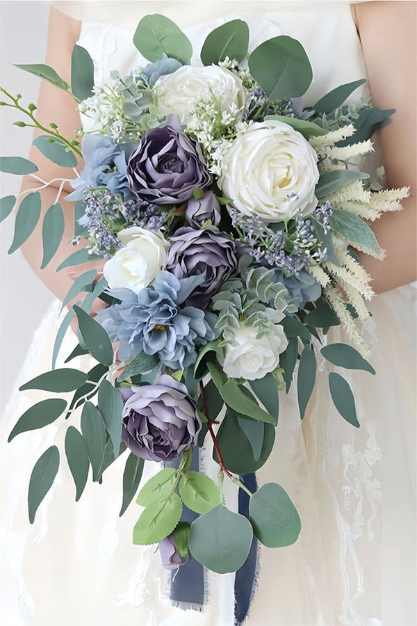 Artificial Purple Rose Cascade Wedding Flower Bouquets with Ribborn - KissProm