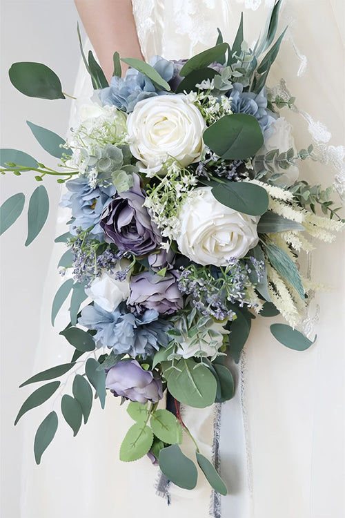 Artificial Purple Rose Cascade Wedding Flower Bouquets with Ribborn - KissProm