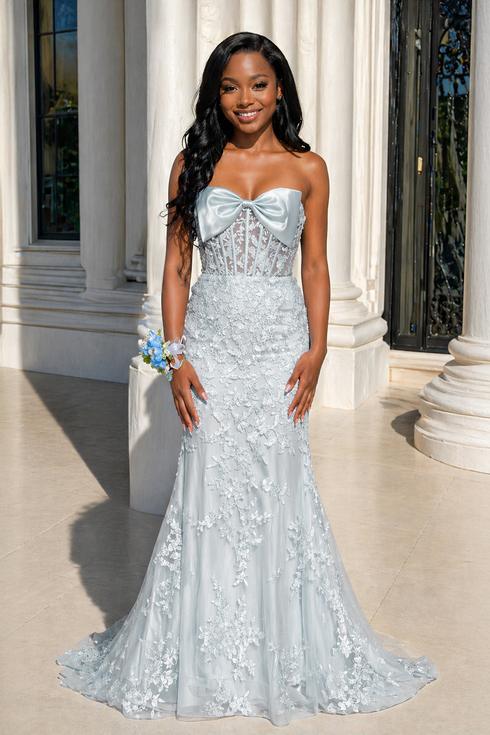 Strapless Mermaid Lace Appliques Long Prom Dress with Bow