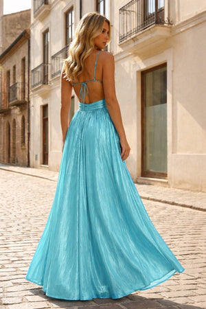 Hot Pink A Line Spaghetti Straps Metallic Satin Long Prom Dresses With Cut out - KissProm