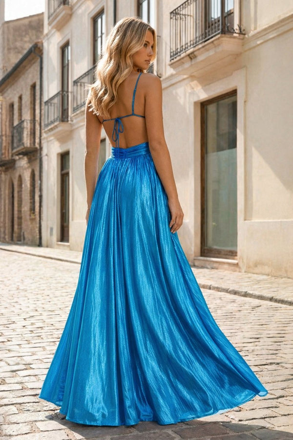 Hot Pink A Line Spaghetti Straps Metallic Satin Long Prom Dresses With Cut out - KissProm