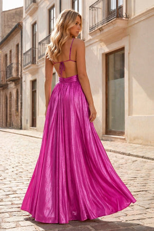 Hot Pink A Line Spaghetti Straps Metallic Satin Long Prom Dresses With Cut out - KissProm