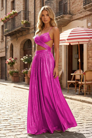 Hot Pink A Line Spaghetti Straps Metallic Satin Long Prom Dresses With Cut out - KissProm