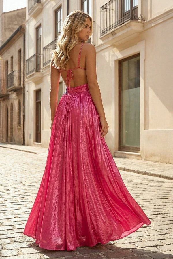 Hot Pink A Line Spaghetti Straps Metallic Satin Long Prom Dresses With Cut out - KissProm