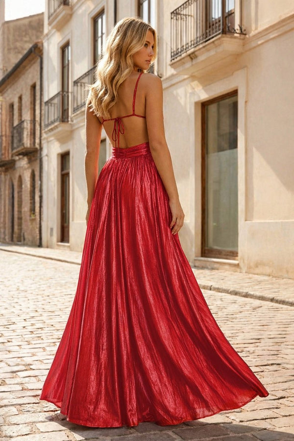 Hot Pink A Line Spaghetti Straps Metallic Satin Long Prom Dresses With Cut out - KissProm