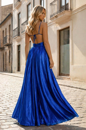 Hot Pink A Line Spaghetti Straps Metallic Satin Long Prom Dresses With Cut out - KissProm