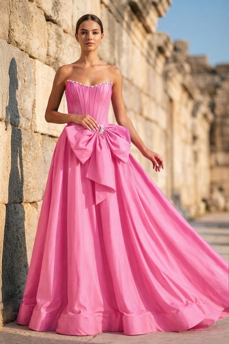 Pink - Strapless A Line Satin Pearl Long Formal Prom Dresses With Bow - KissProm