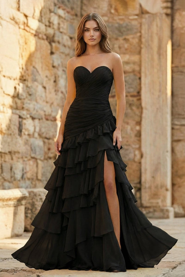 Ruched Ruffle Fitted Yellow Long Prom Dress with Slit - KissProm