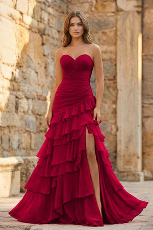 Ruched Ruffle Fitted Yellow Long Prom Dress with Slit - KissProm