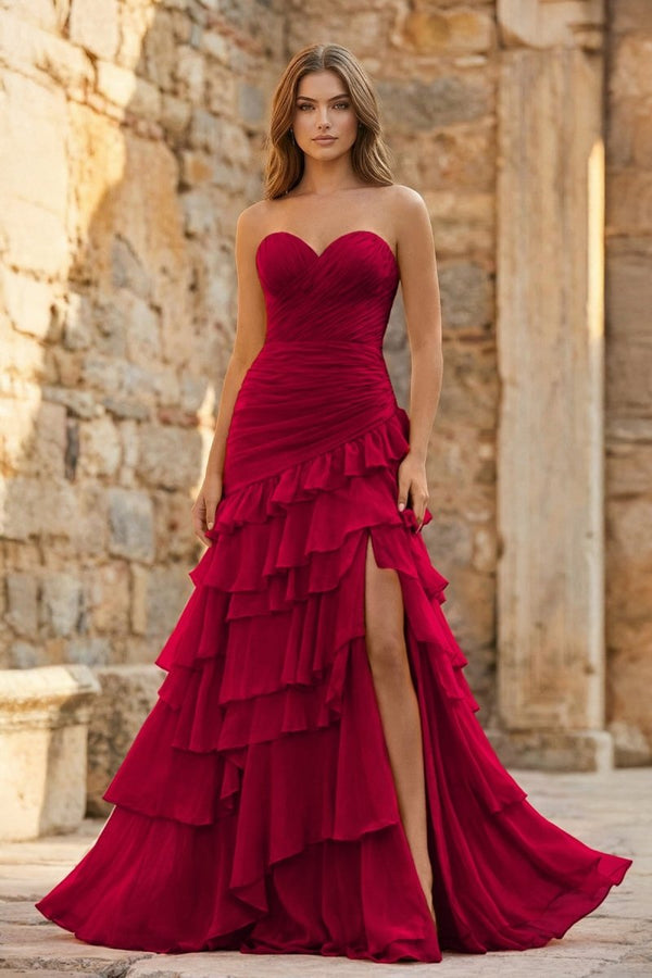 Ruched Ruffle Fitted Yellow Long Prom Dress with Slit - KissProm