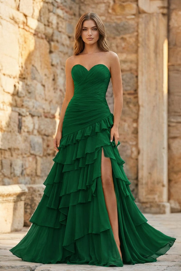 Ruched Ruffle Fitted Yellow Long Prom Dress with Slit - KissProm